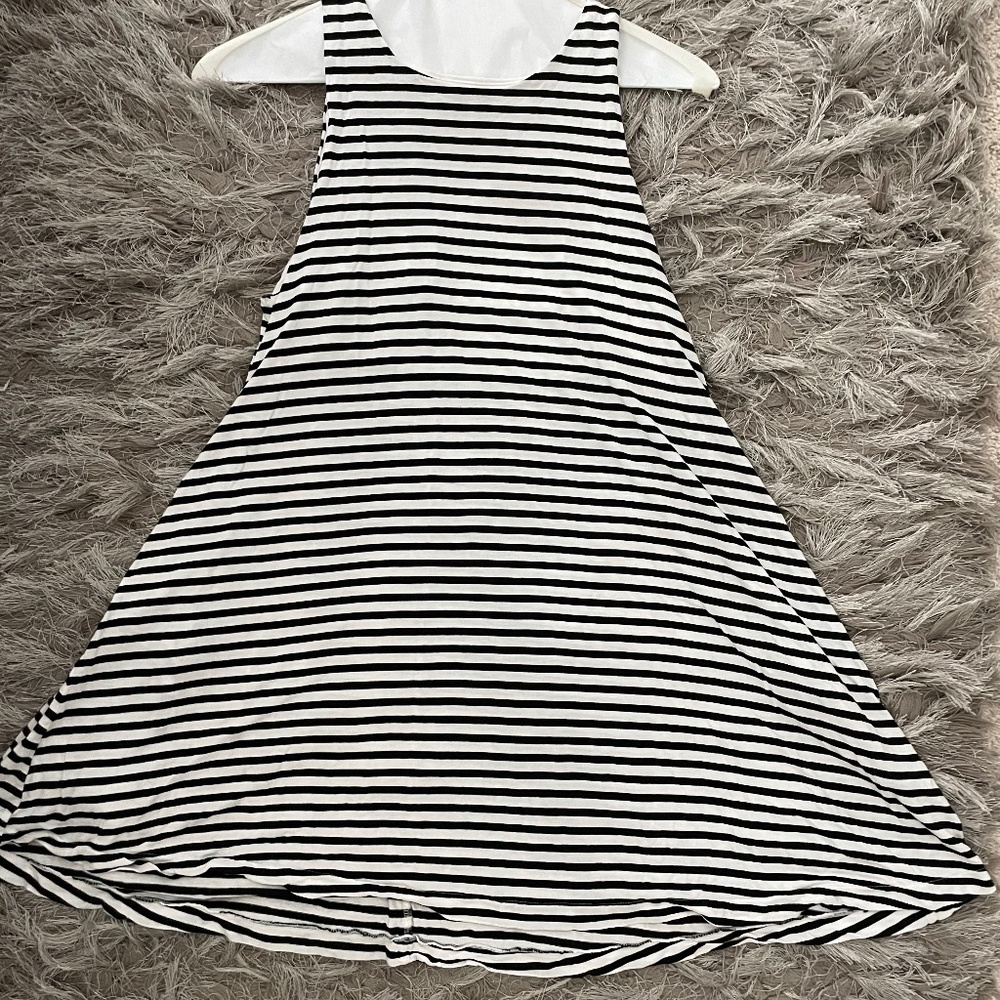 Navy blue and white striped flare dress